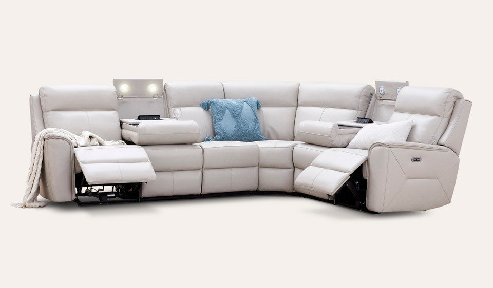 Archie Leather 6 Seater Corner Recliner Lounge (Black)