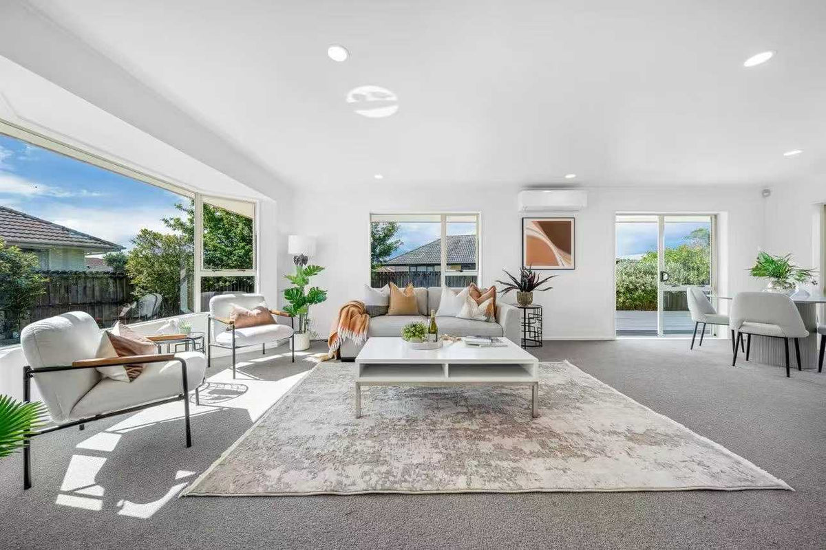 Open plan living room staged by Jory Staging in Auckland